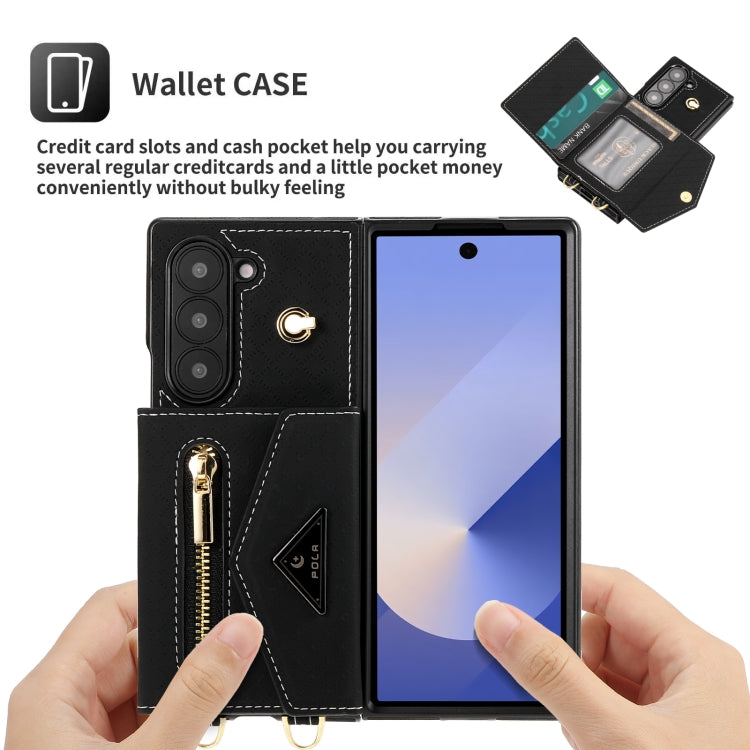 For Samsung Galaxy Z Fold6 POLA Grid Texture Multi-Card Slots Zipper Wallet Phone Case(Black)