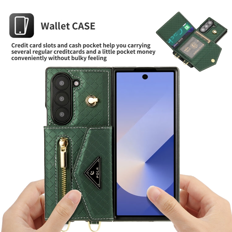 For Samsung Galaxy Z Fold6 POLA Grid Texture Multi-Card Slots Zipper Wallet Phone Case(Green)