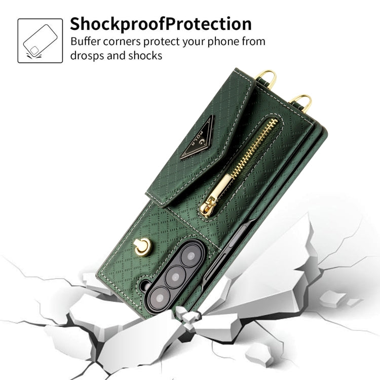 For Samsung Galaxy Z Fold6 POLA Grid Texture Multi-Card Slots Zipper Wallet Phone Case(Green)