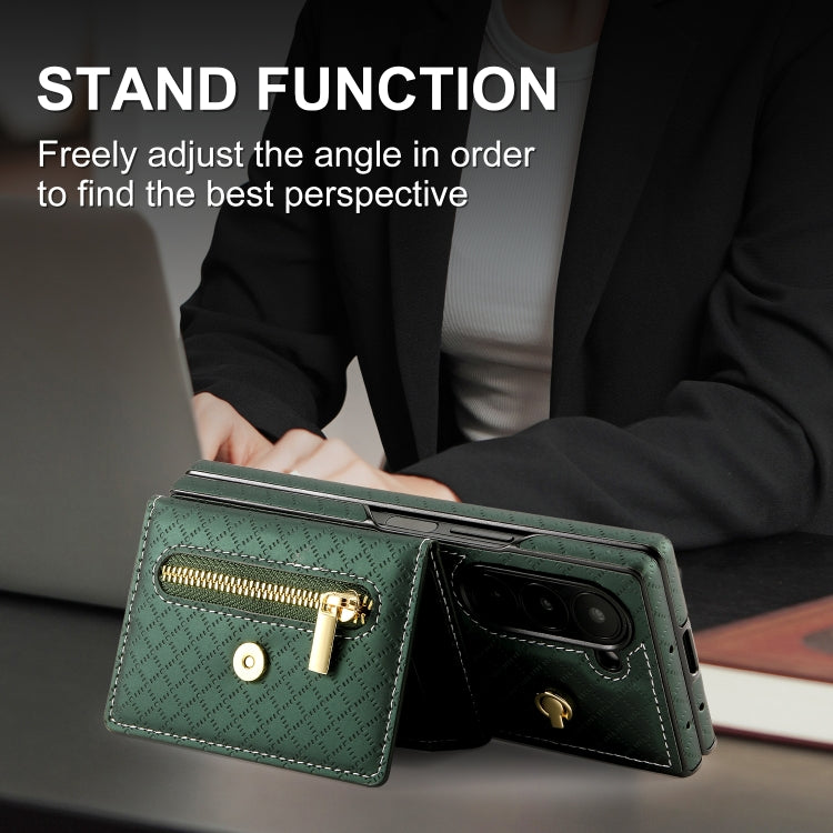 For Samsung Galaxy Z Fold6 POLA Grid Texture Multi-Card Slots Zipper Wallet Phone Case(Green)
