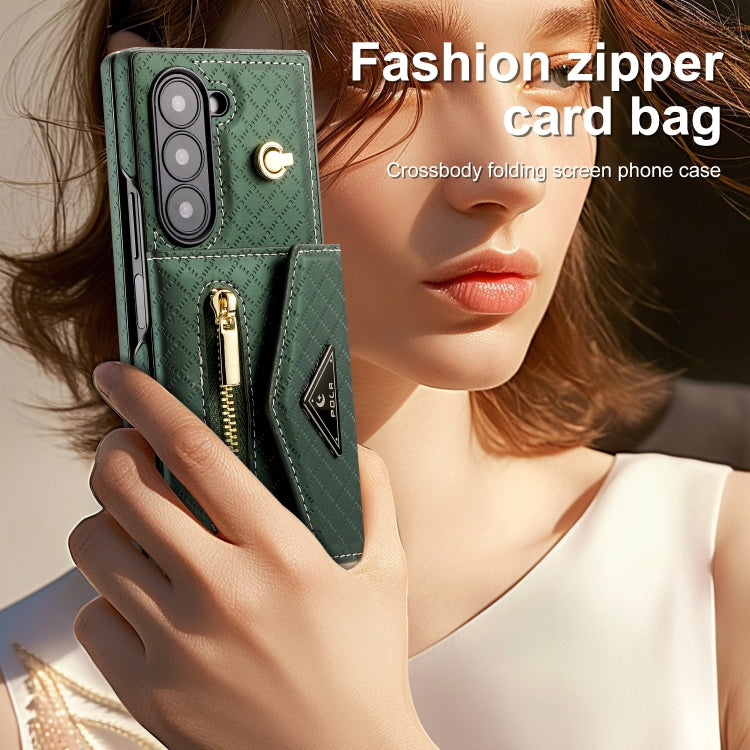 For Samsung Galaxy Z Fold6 POLA Grid Texture Multi-Card Slots Zipper Wallet Phone Case(Green)