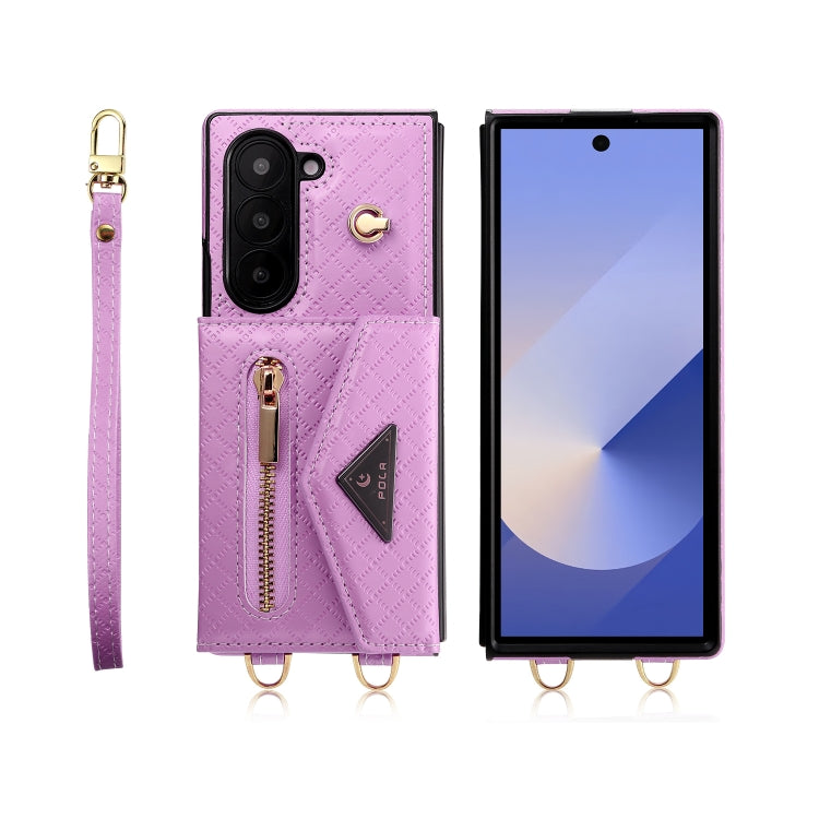 For Samsung Galaxy Z Fold6 POLA Grid Texture Multi-Card Slots Zipper Wallet Phone Case(Purple)