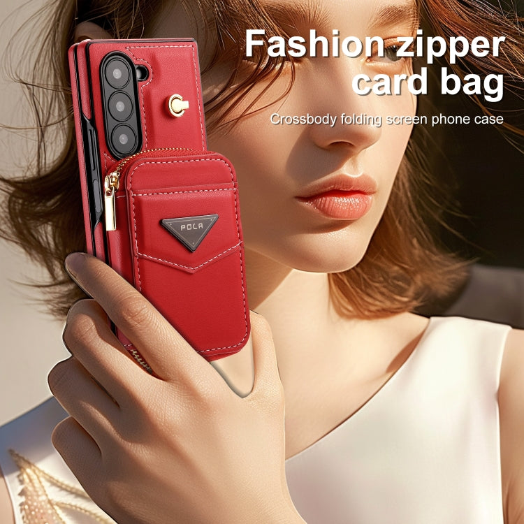 For Samsung Galaxy Z Fold6 POLA Multi-Card Slots Zipper Wallet Phone Case(Red)