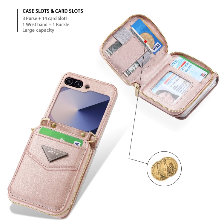 For Samsung Galaxy Z Flip6 POLA Multi-Card Slots Zipper Wallet Phone Case(Pink)