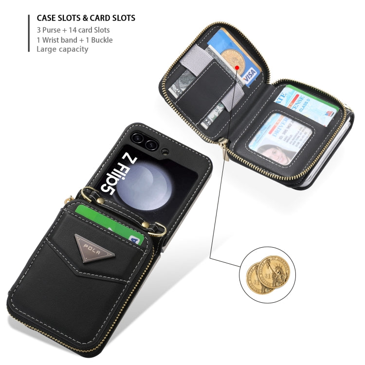 For Samsung Galaxy Z Flip5 POLA Multi-Card Slots Zipper Wallet Phone Case(Black)