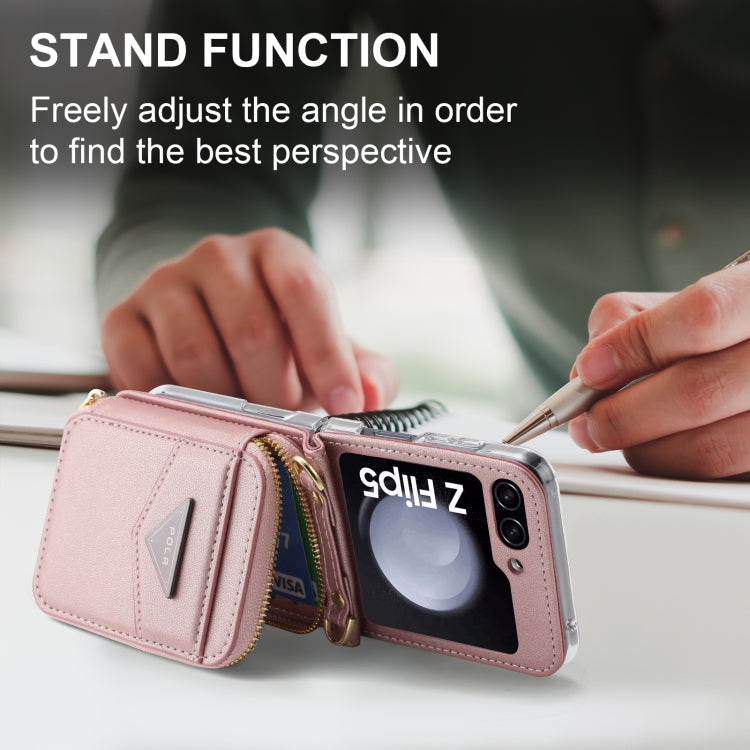 For Samsung Galaxy Z Flip5 POLA Multi-Card Slots Zipper Wallet Phone Case(Pink)