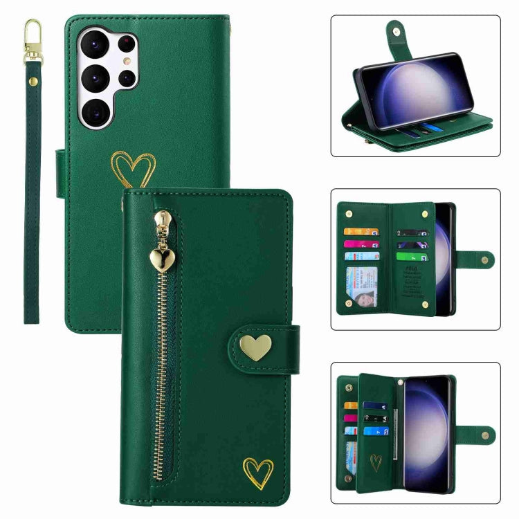 For Samsung Galaxy S23 Ultra 5G POLA Love Multi-Card Slots Zipper Wallet Leather Phone Case(Dark Green)