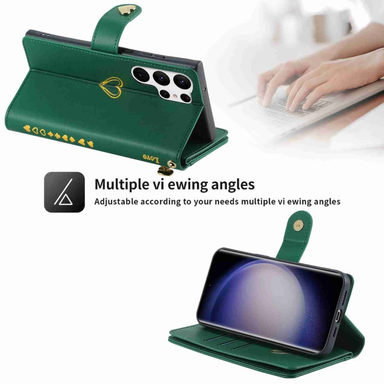 For Samsung Galaxy S23 Ultra 5G POLA Love Multi-Card Slots Zipper Wallet Leather Phone Case(Dark Green)