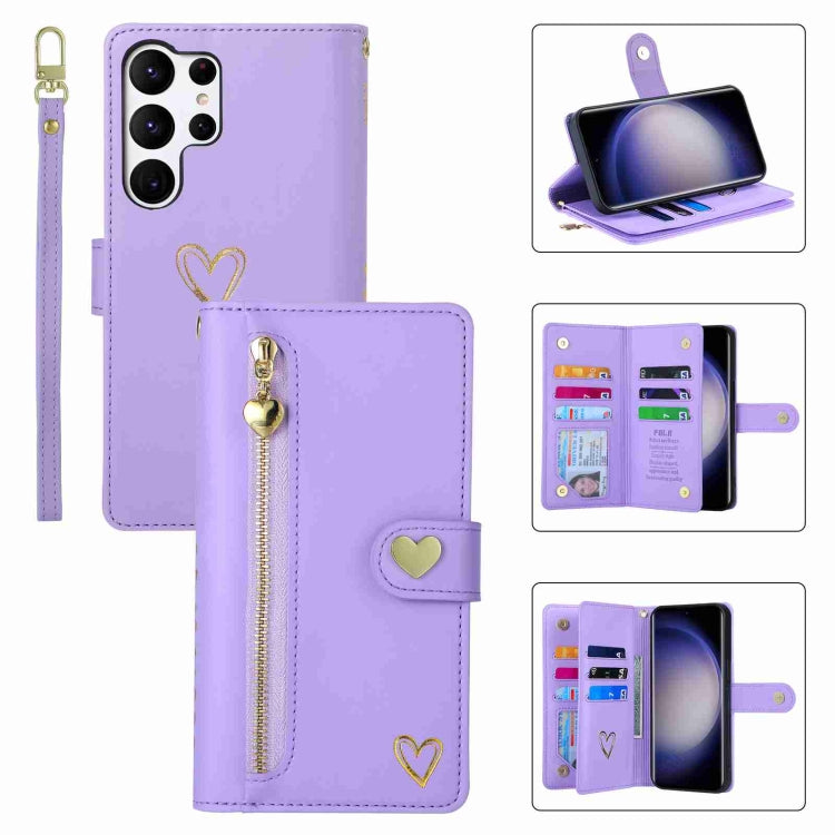 For Samsung Galaxy S23 Ultra 5G POLA Love Multi-Card Slots Zipper Wallet Leather Phone Case(Purple)