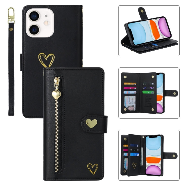 For iPhone 11 POLA Love Multi-Card Slots Zipper Wallet Leather Phone Case(Black)