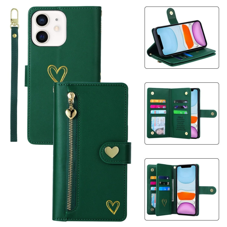 For iPhone 11 POLA Love Multi-Card Slots Zipper Wallet Leather Phone Case(Dark Green)