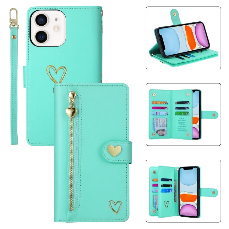 For iPhone 11 POLA Love Multi-Card Slots Zipper Wallet Leather Phone Case(Light Green)