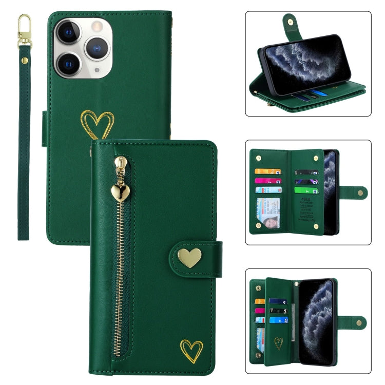 For iPhone 11 Pro POLA Love Multi-Card Slots Zipper Wallet Leather Phone Case(Dark Green)