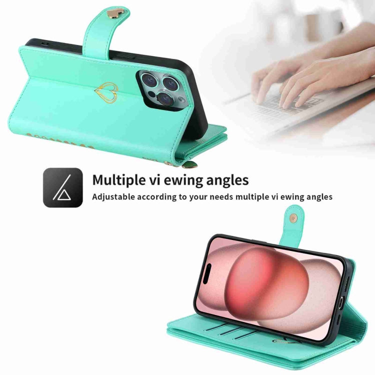 For iPhone 11 Pro Max POLA Love Multi-Card Slots Zipper Wallet Leather Phone Case(Light Green)