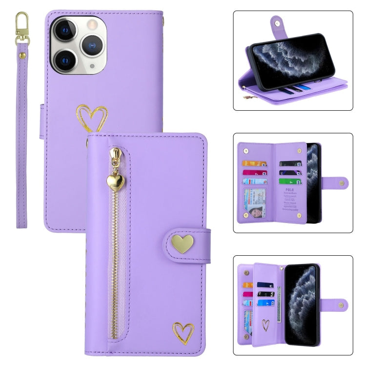 For iPhone 11 Pro Max POLA Love Multi-Card Slots Zipper Wallet Leather Phone Case(Purple)