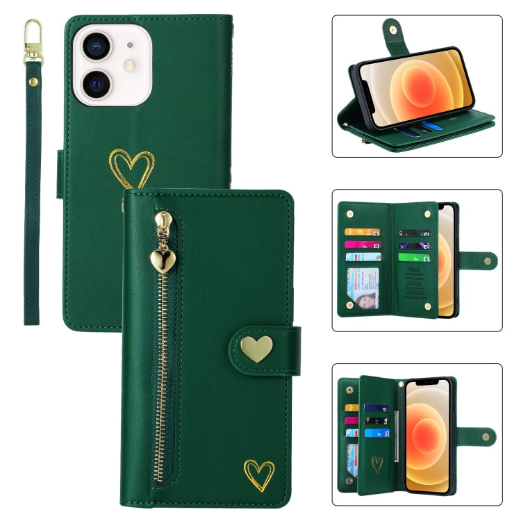 For iPhone 12 POLA Love Multi-Card Slots Zipper Wallet Leather Phone Case(Dark Green)