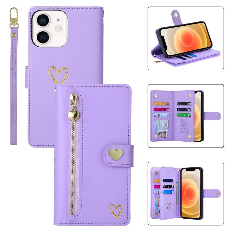 For iPhone 12 POLA Love Multi-Card Slots Zipper Wallet Leather Phone Case(Purple)