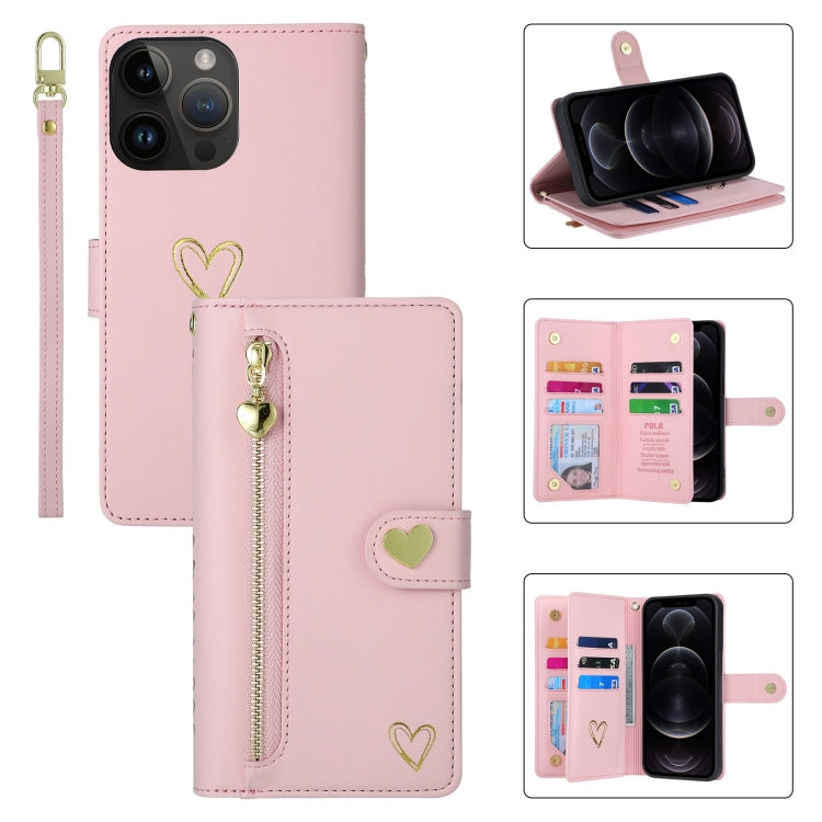 For iPhone 12 Pro POLA Love Multi-Card Slots Zipper Wallet Leather Phone Case(Pink)
