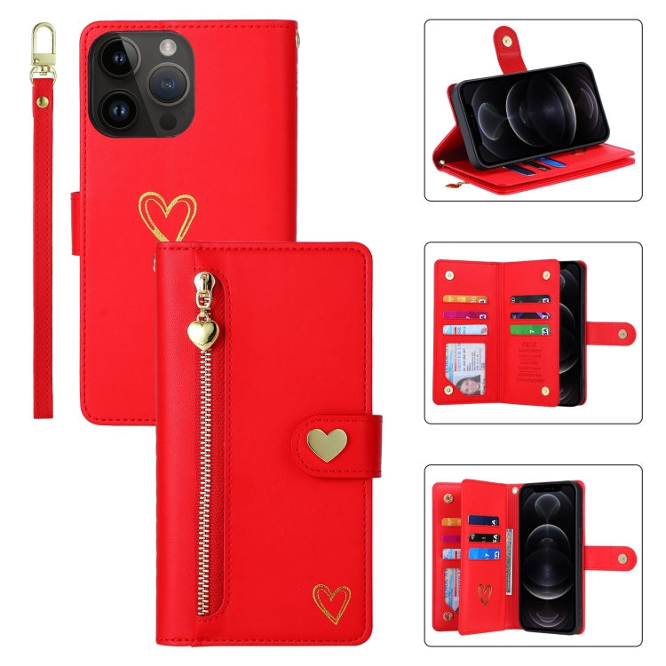 For iPhone 12 Pro POLA Love Multi-Card Slots Zipper Wallet Leather Phone Case(Red)