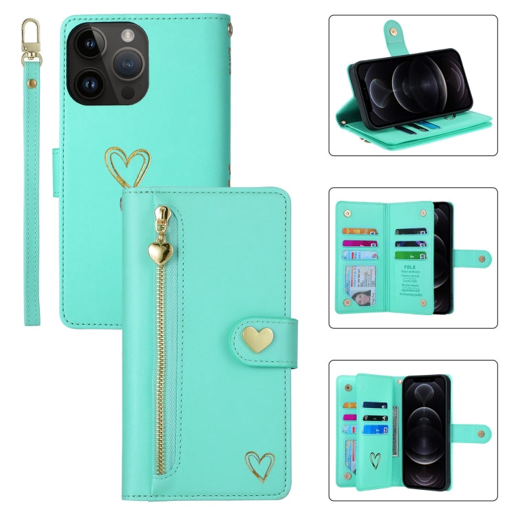 For iPhone 12 Pro POLA Love Multi-Card Slots Zipper Wallet Leather Phone Case(Light Green)
