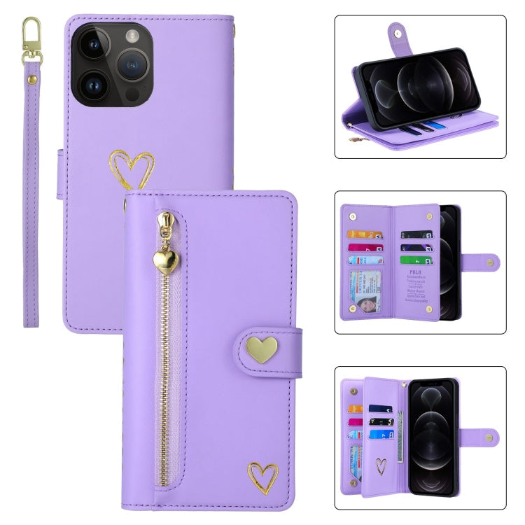 For iPhone 12 Pro POLA Love Multi-Card Slots Zipper Wallet Leather Phone Case(Purple)