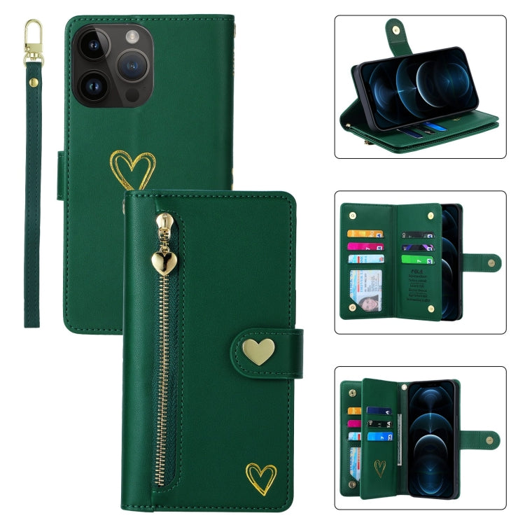 For iPhone 12 Pro Max POLA Love Multi-Card Slots Zipper Wallet Leather Phone Case(Dark Green)