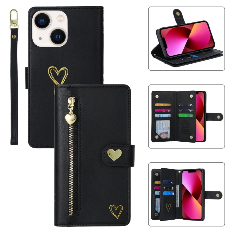 For iPhone 13 POLA Love Multi-Card Slots Zipper Wallet Leather Phone Case(Black)