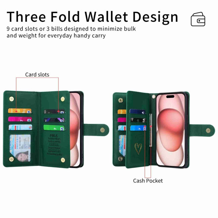 For iPhone 13 POLA Love Multi-Card Slots Zipper Wallet Leather Phone Case(Dark Green)