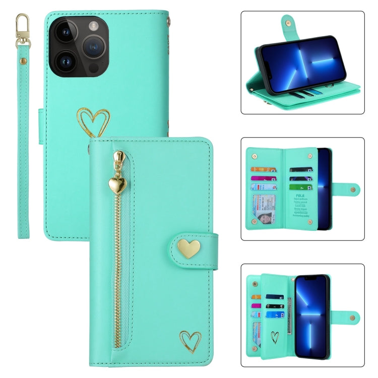 For iPhone 13 Pro POLA Love Multi-Card Slots Zipper Wallet Leather Phone Case(Light Green)