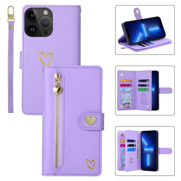 For iPhone 13 Pro POLA Love Multi-Card Slots Zipper Wallet Leather Phone Case(Purple)
