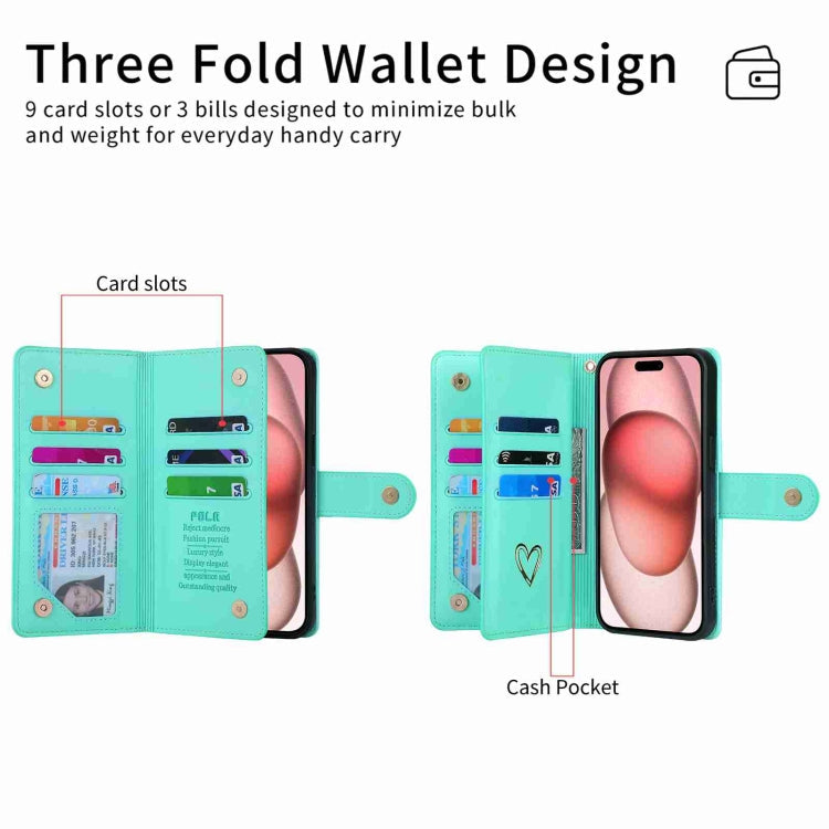 For iPhone 13 Pro Max POLA Love Multi-Card Slots Zipper Wallet Leather Phone Case(Light Green)