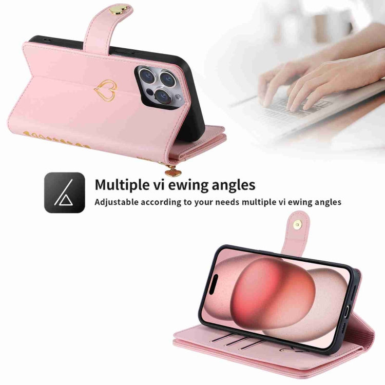 For iPhone 14 POLA Love Multi-Card Slots Zipper Wallet Leather Phone Case(Pink)