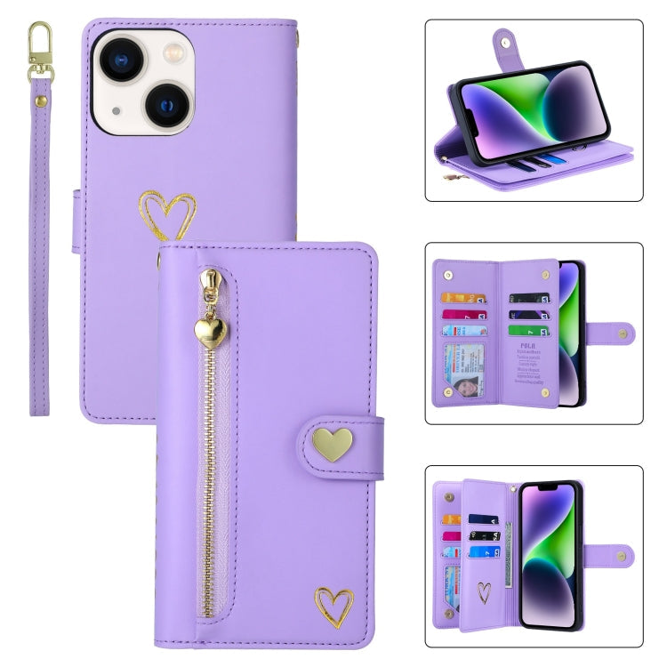 For iPhone 14 POLA Love Multi-Card Slots Zipper Wallet Leather Phone Case(Purple)