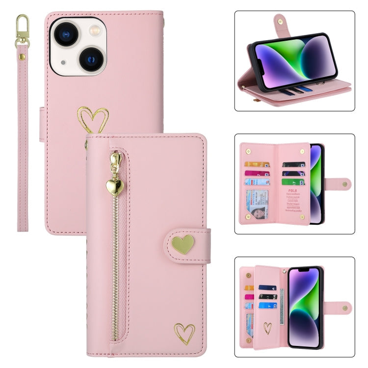 For iPhone 14 Plus POLA Love Multi-Card Slots Zipper Wallet Leather Phone Case(Pink)