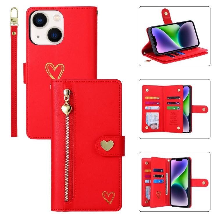 For iPhone 14 Plus POLA Love Multi-Card Slots Zipper Wallet Leather Phone Case(Red)