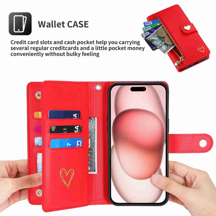 For iPhone 14 Plus POLA Love Multi-Card Slots Zipper Wallet Leather Phone Case(Red)