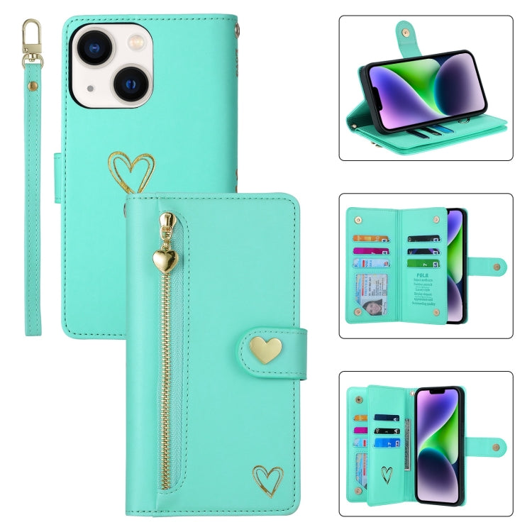 For iPhone 14 Plus POLA Love Multi-Card Slots Zipper Wallet Leather Phone Case(Light Green)