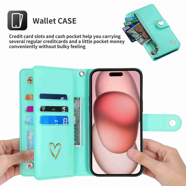 For iPhone 14 Plus POLA Love Multi-Card Slots Zipper Wallet Leather Phone Case(Light Green)
