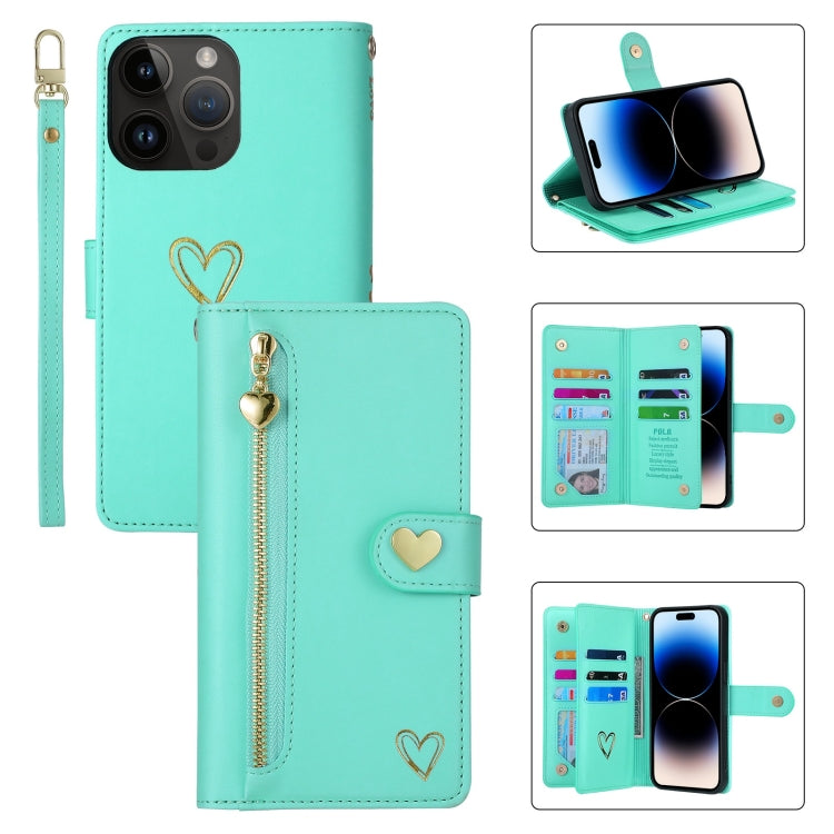 For iPhone 14 Pro POLA Love Multi-Card Slots Zipper Wallet Leather Phone Case(Light Green)