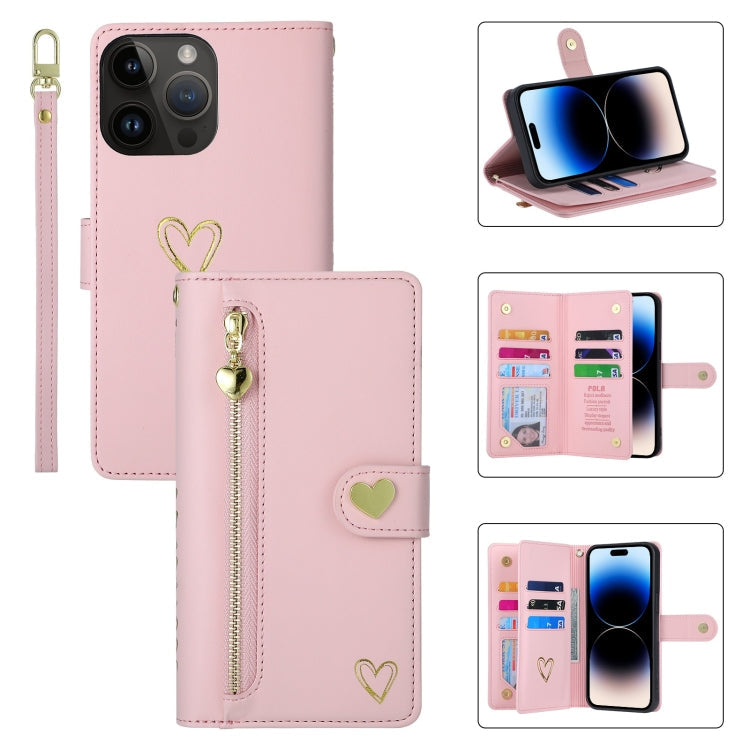 For iPhone 14 Pro Max POLA Love Multi-Card Slots Zipper Wallet Leather Phone Case(Pink)