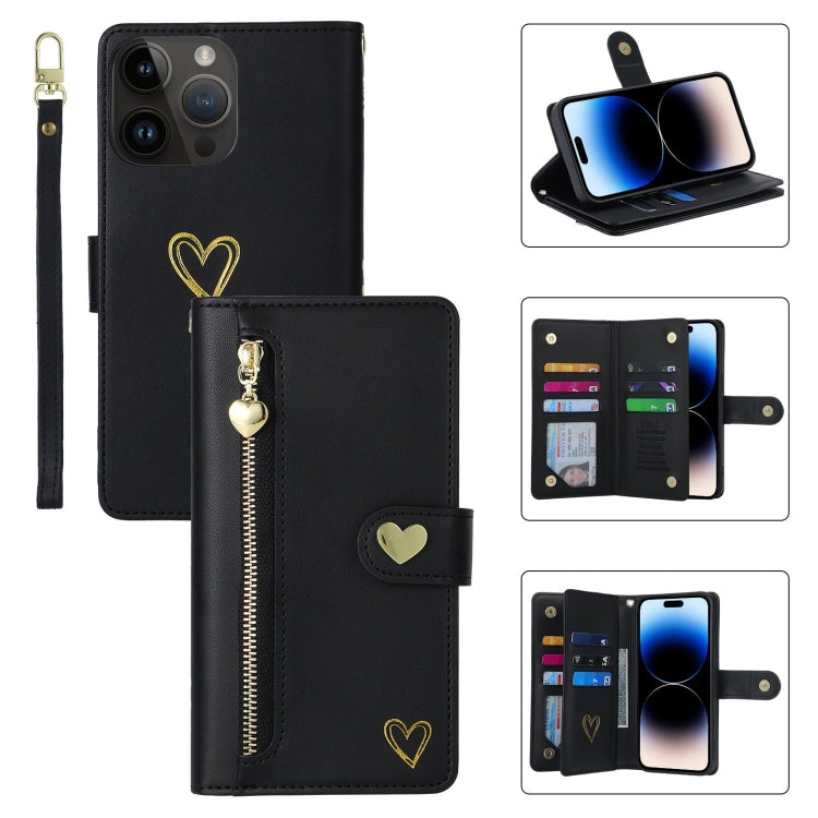 For iPhone 14 Pro Max POLA Love Multi-Card Slots Zipper Wallet Leather Phone Case(Black)