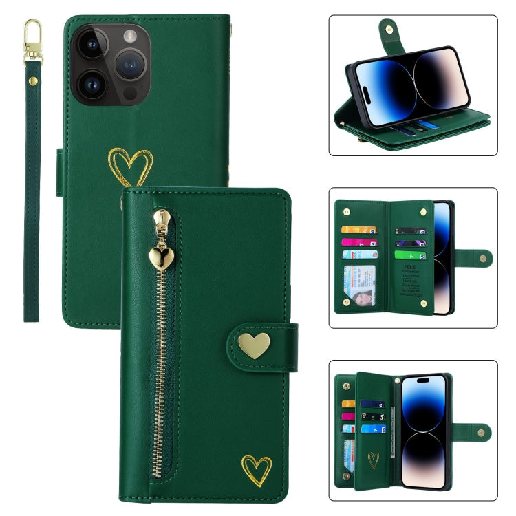 For iPhone 14 Pro Max POLA Love Multi-Card Slots Zipper Wallet Leather Phone Case(Dark Green)