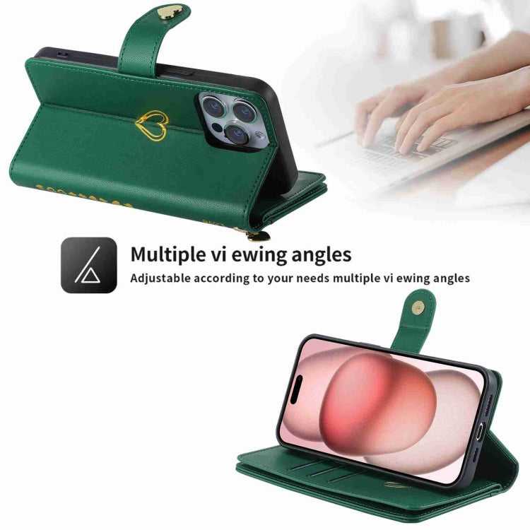 For iPhone 14 Pro Max POLA Love Multi-Card Slots Zipper Wallet Leather Phone Case(Dark Green)