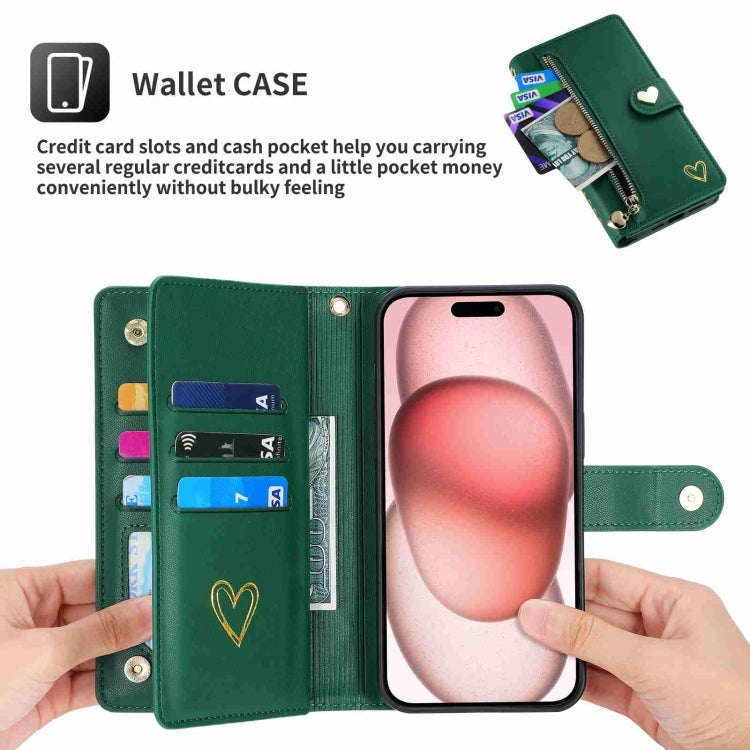 For iPhone 14 Pro Max POLA Love Multi-Card Slots Zipper Wallet Leather Phone Case(Dark Green)