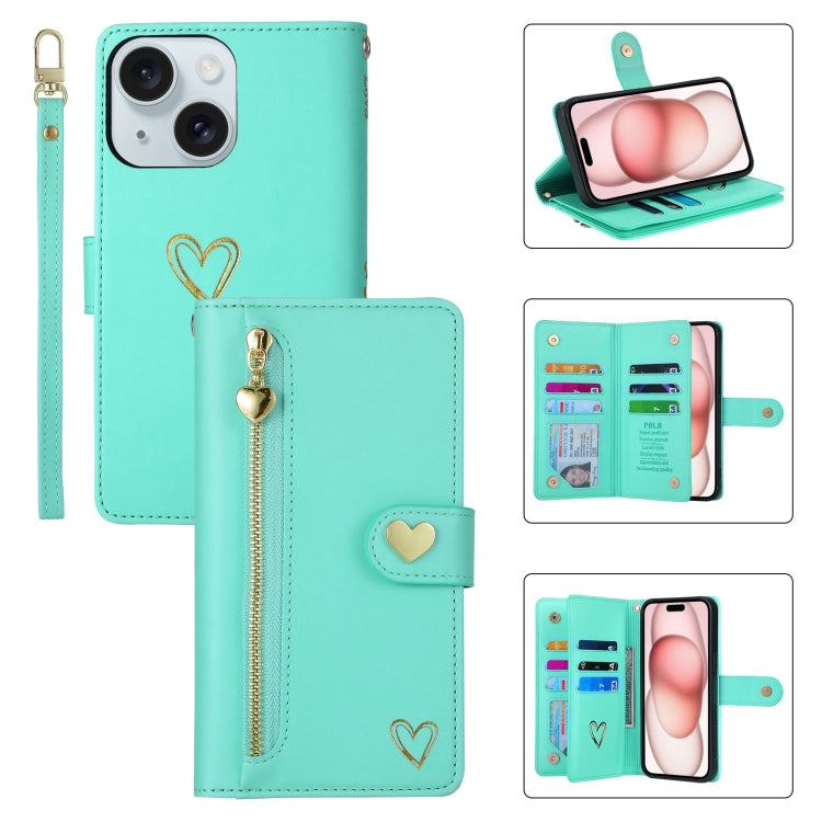 For iPhone 15 POLA Love Multi-Card Slots Zipper Wallet Leather Phone Case(Light Green)