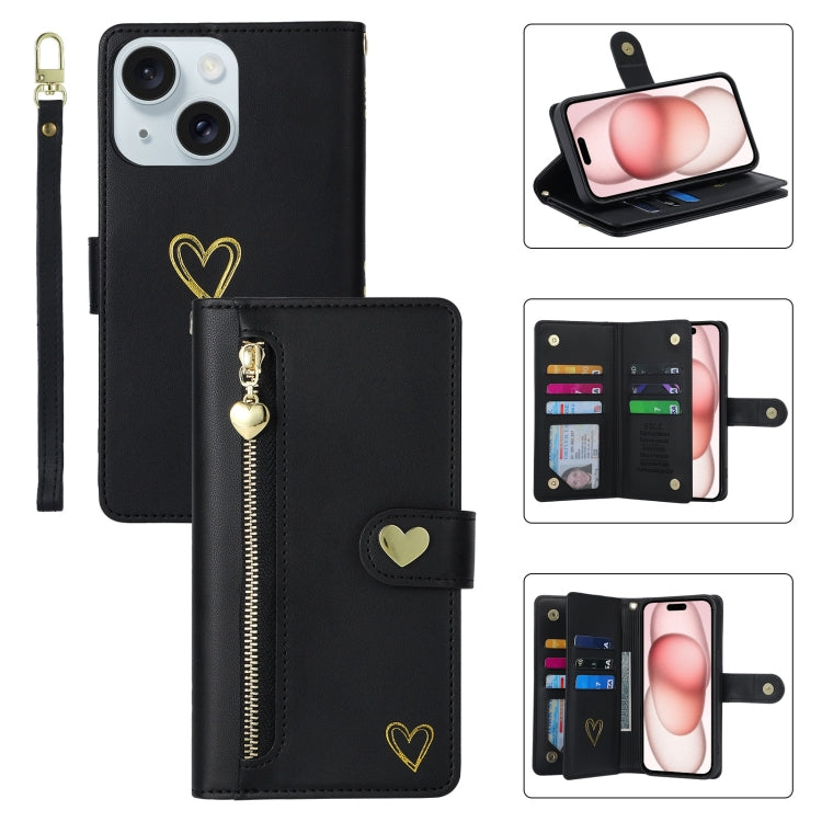 For iPhone 15 Plus POLA Love Multi-Card Slots Zipper Wallet Leather Phone Case(Black)