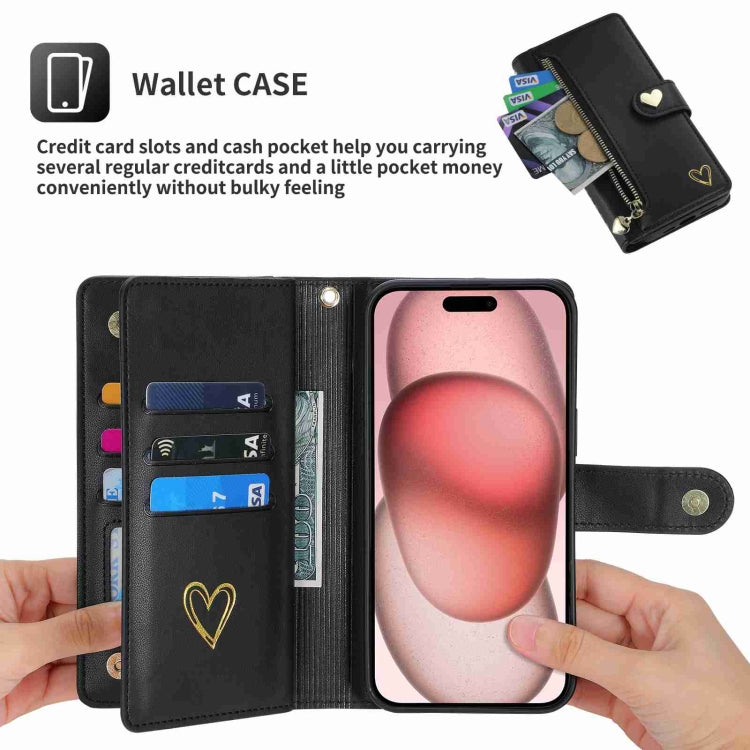 For iPhone 15 Plus POLA Love Multi-Card Slots Zipper Wallet Leather Phone Case(Black)
