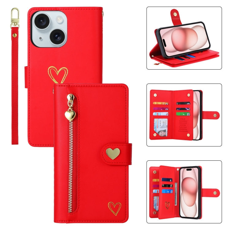 For iPhone 15 Plus POLA Love Multi-Card Slots Zipper Wallet Leather Phone Case(Red)