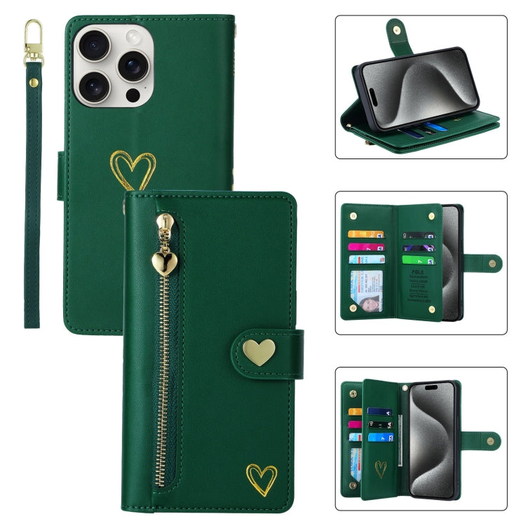 For iPhone 15 Pro Max POLA Love Multi-Card Slots Zipper Wallet Leather Phone Case(Dark Green)