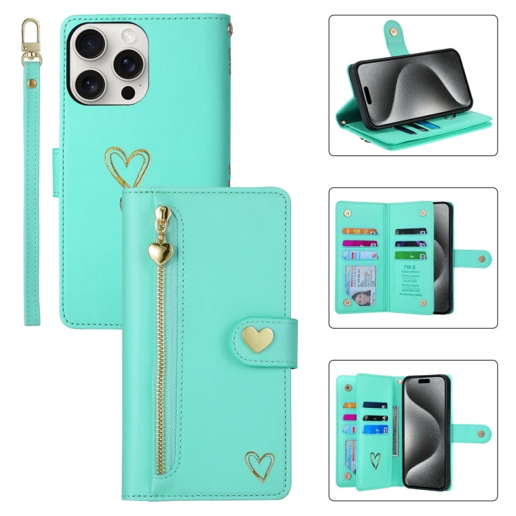 For iPhone 15 Pro Max POLA Love Multi-Card Slots Zipper Wallet Leather Phone Case(Light Green)